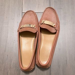 Leather tan Coach loafers with gold buckle
